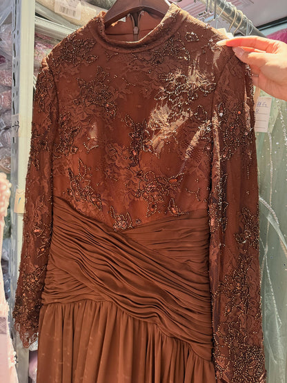 Luxury Coffee Muslim Long Sleeve Beaded Lace A Line Dress LA73862