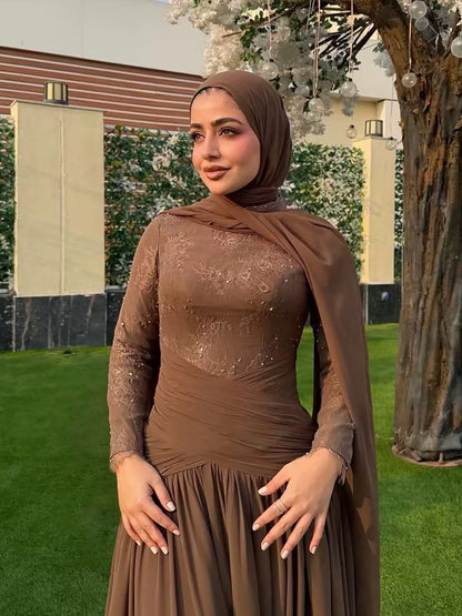 Luxury Coffee Muslim Long Sleeve Beaded Lace A Line Dress LA73862