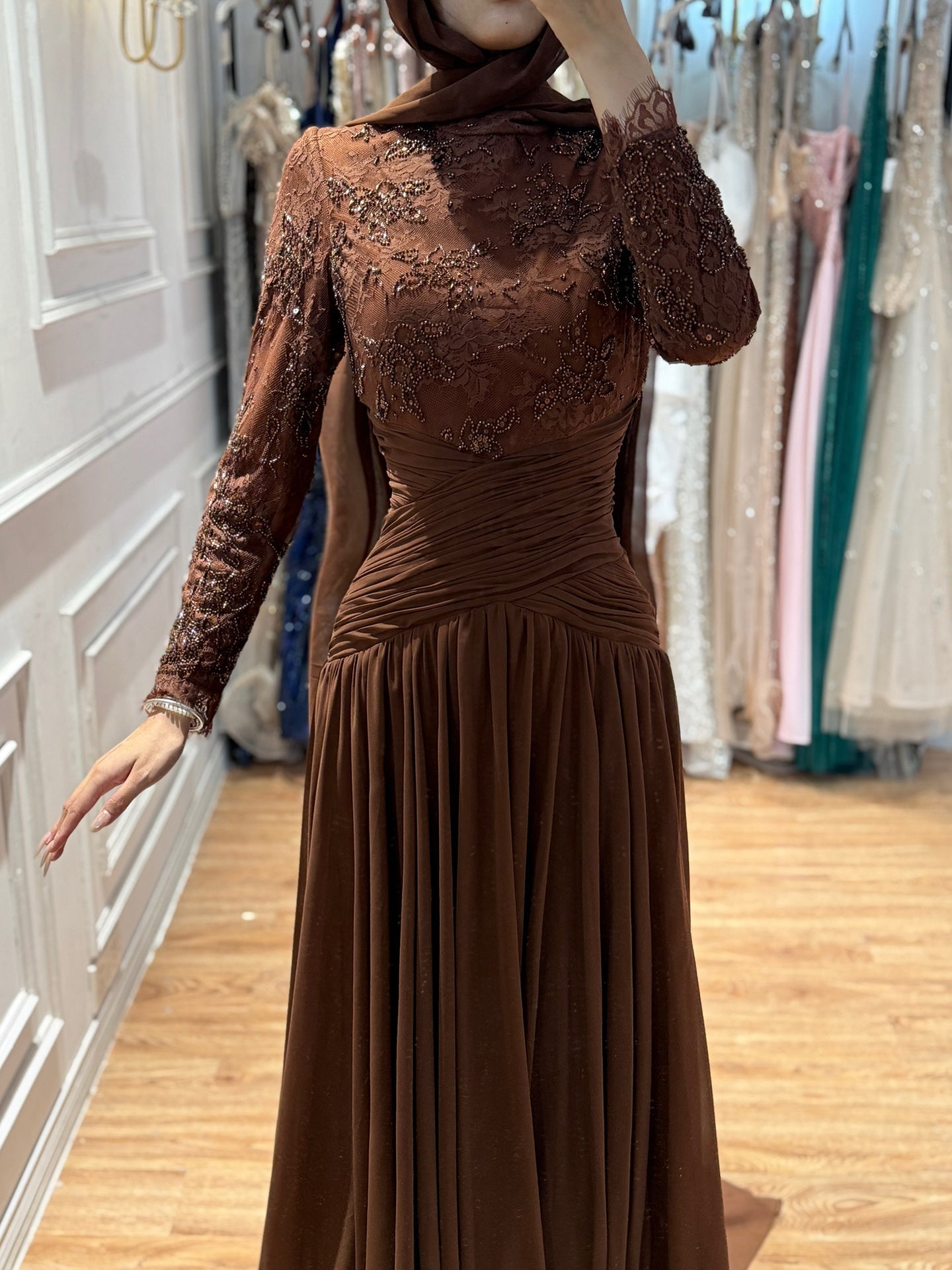 Luxury Coffee Muslim Long Sleeve Beaded Lace A Line Dress LA73862
