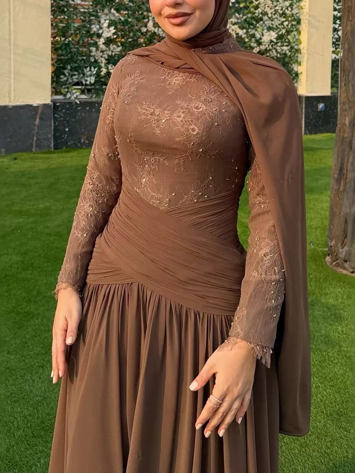 Luxury Coffee Muslim Long Sleeve Beaded Lace A Line Dress LA73862