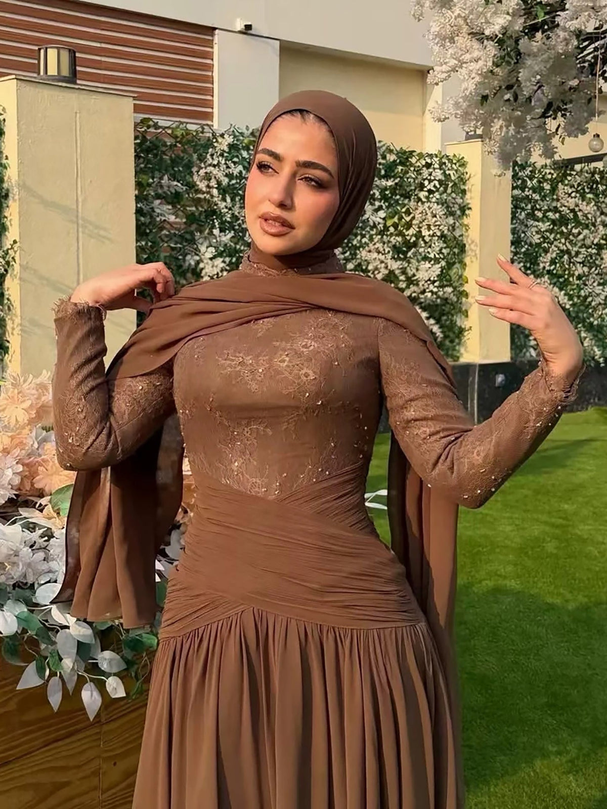 Luxury Coffee Muslim Long Sleeve Beaded Lace A Line Dress LA73862