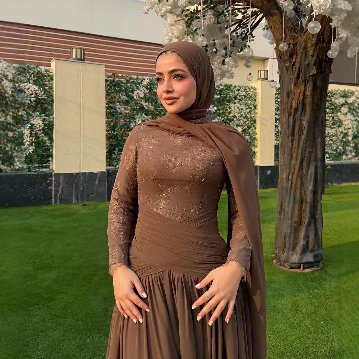 Luxury Coffee Muslim Long Sleeve Beaded Lace A Line Dress LA73862