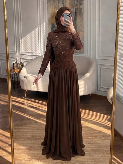 Luxury Coffee Muslim Long Sleeve Beaded Lace A Line Dress LA73862