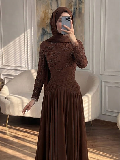 Luxury Coffee Muslim Long Sleeve Beaded Lace A Line Dress LA73862