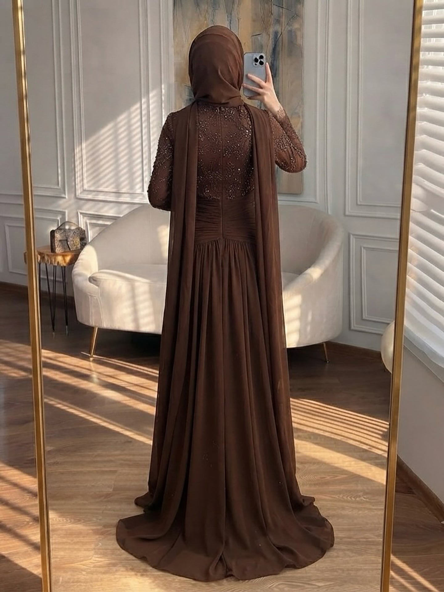 Luxury Coffee Muslim Long Sleeve Beaded Lace A Line Dress LA73862
