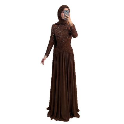 Luxury Coffee Muslim Long Sleeve Beaded Lace A Line Dress LA73862