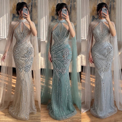 Luxury Nude Crystal Beaded Cape Sleeves Mermaid Evening Dress LA73863
