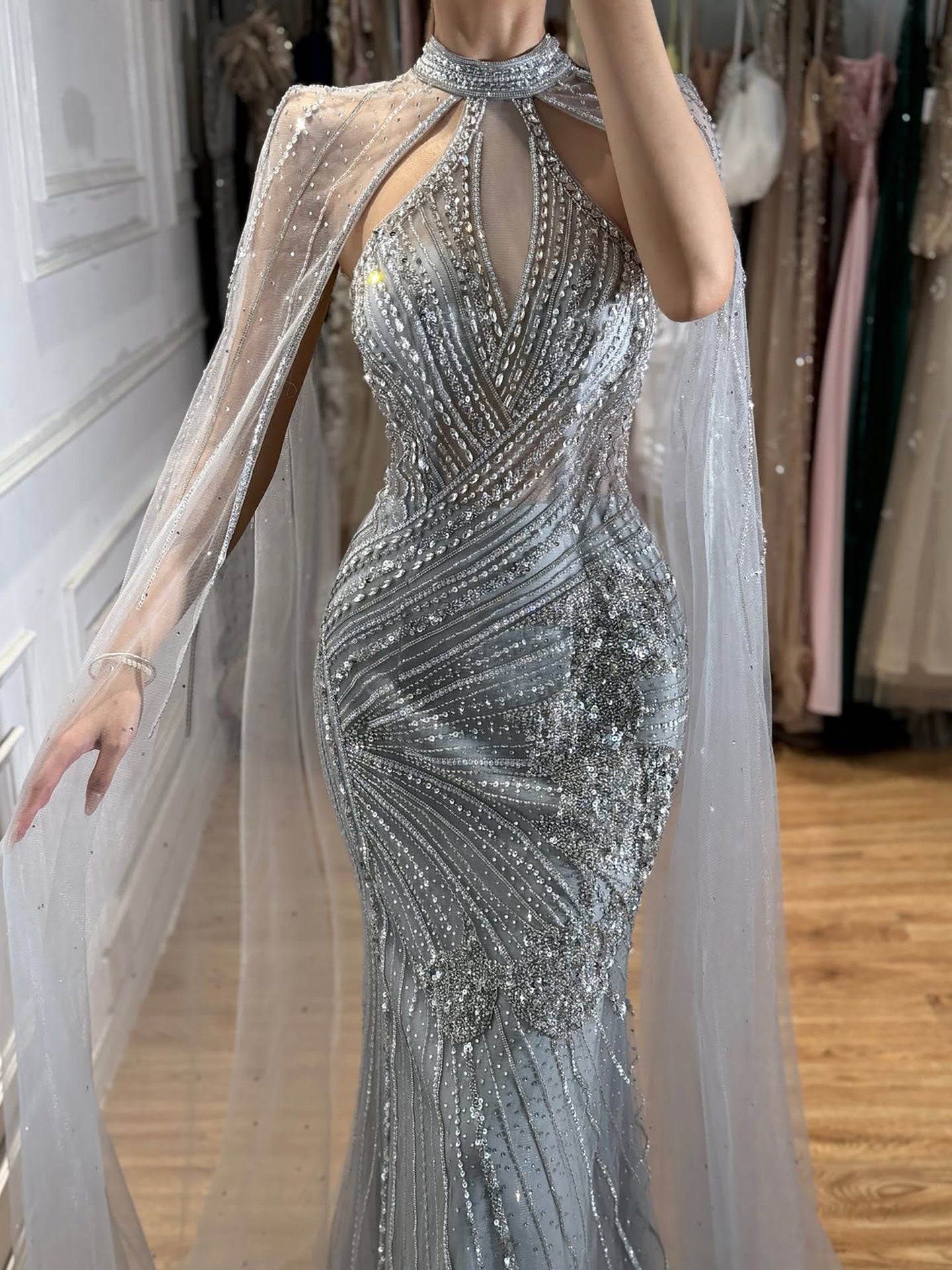 Luxury Nude Crystal Beaded Cape Sleeves Mermaid Evening Dress LA73863