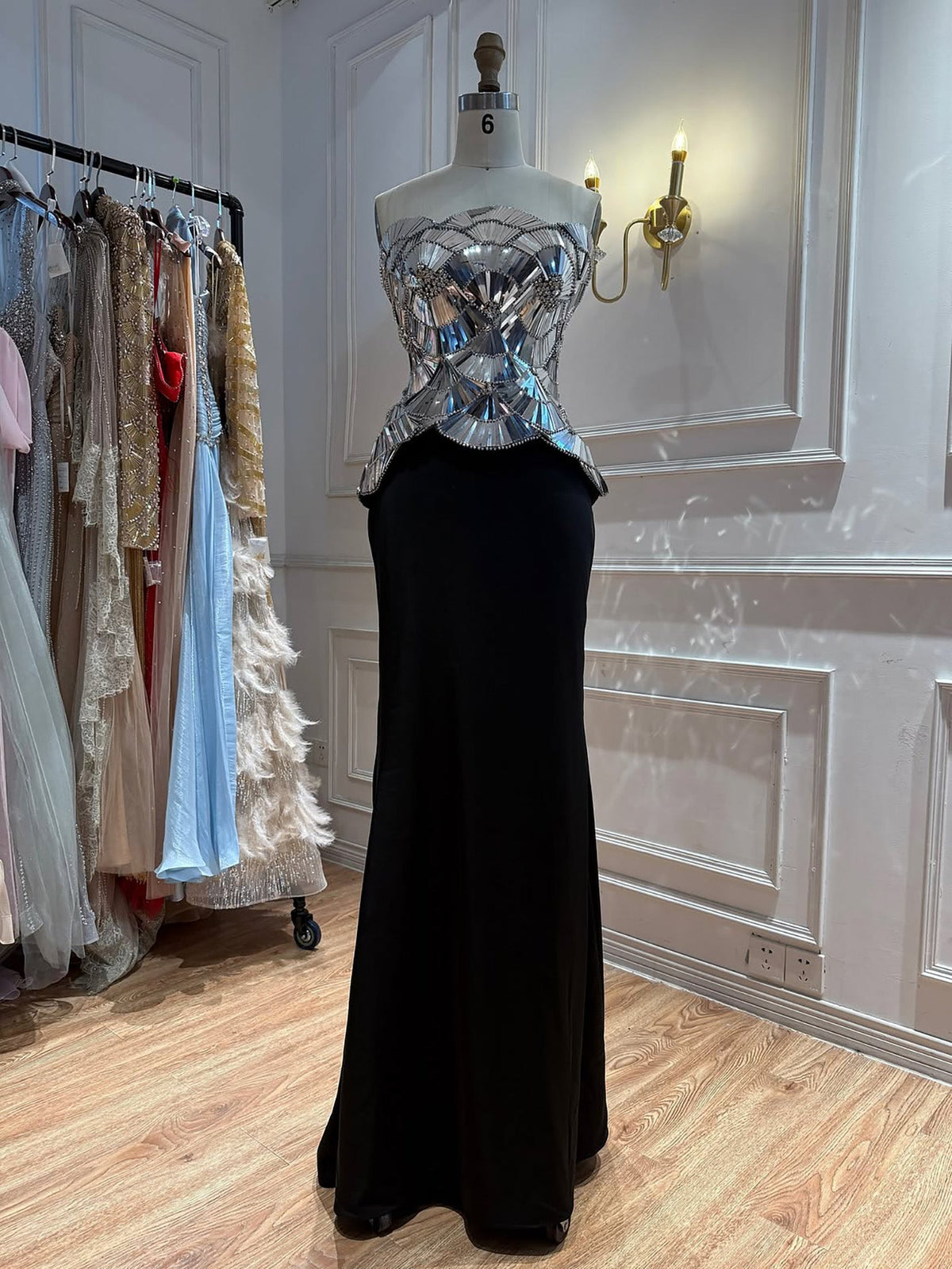 Luxury Silver Mirror Beaded Peplum Mermaid Evening Dress LA73868A