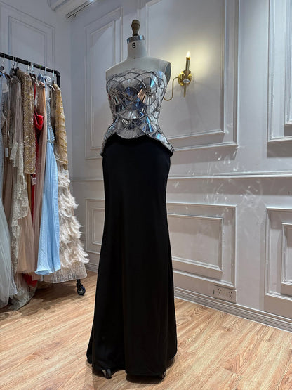 Luxury Silver Mirror Beaded Peplum Mermaid Evening Dress LA73868A