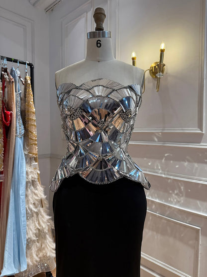 Luxury Silver Mirror Beaded Peplum Mermaid Evening Dress LA73868A