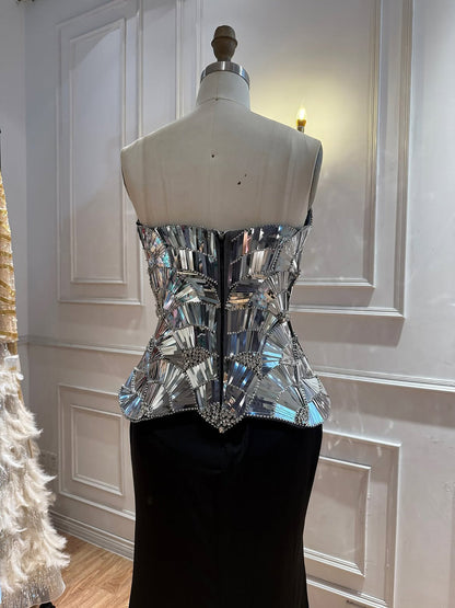 Luxury Silver Mirror Beaded Peplum Mermaid Evening Dress LA73868A