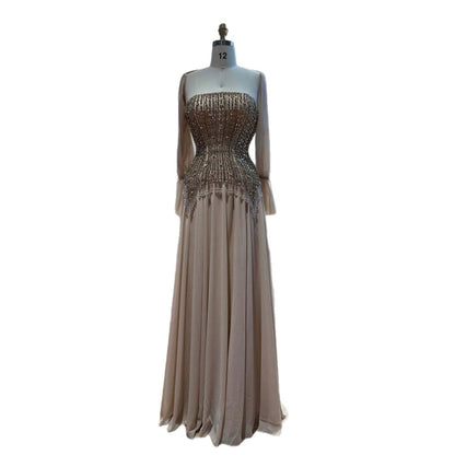 Luxury Nude Crystal Beaded Tassel Chiffon Evening Dress LA73871
