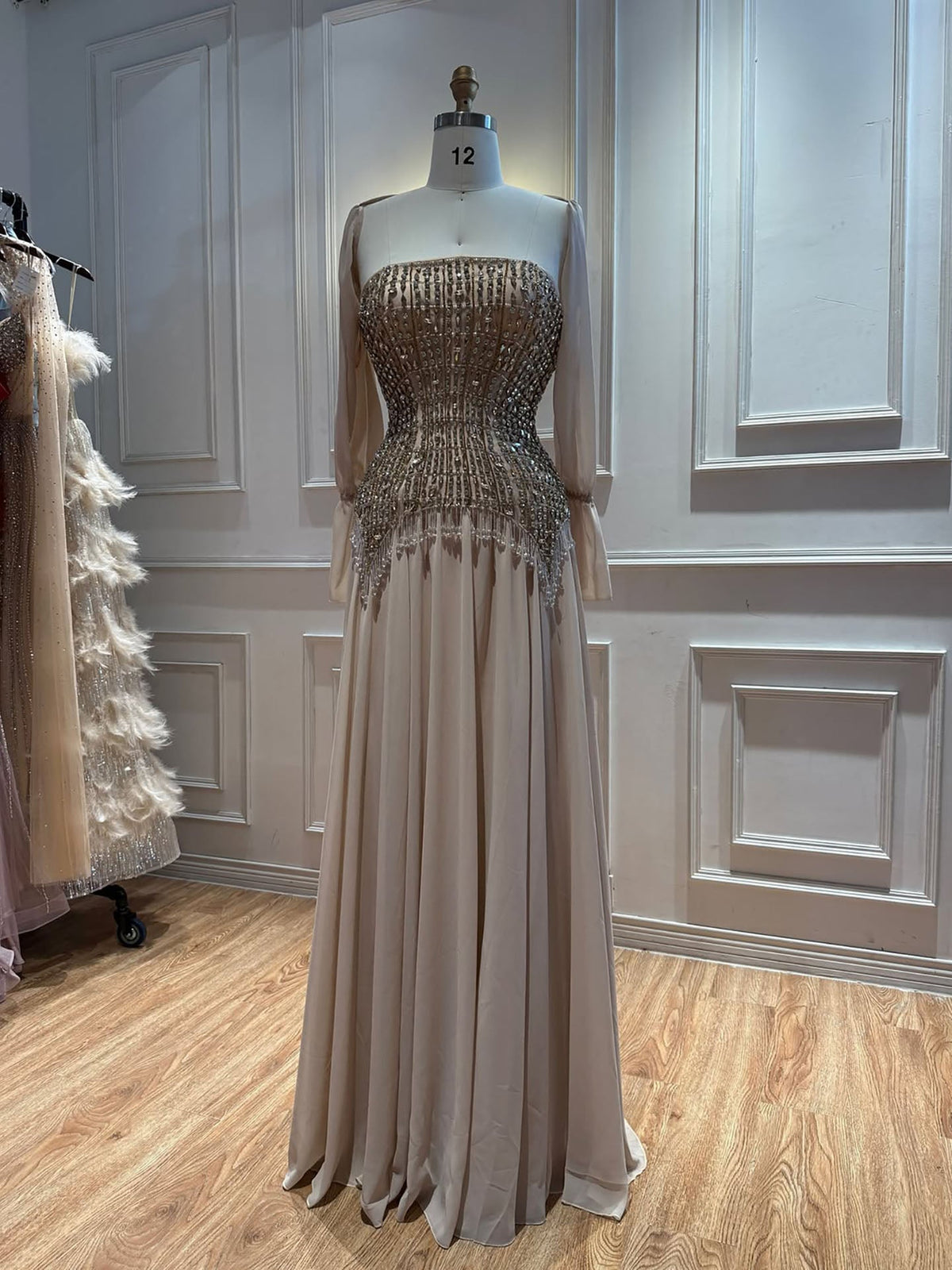 Luxury Nude Crystal Beaded Tassel Chiffon Evening Dress LA73871
