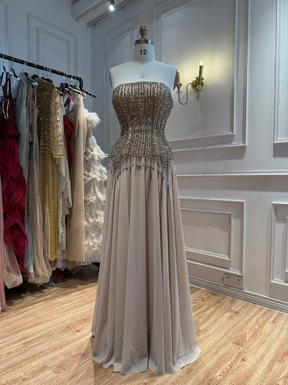 Luxury Nude Crystal Beaded Tassel Chiffon Evening Dress LA73871