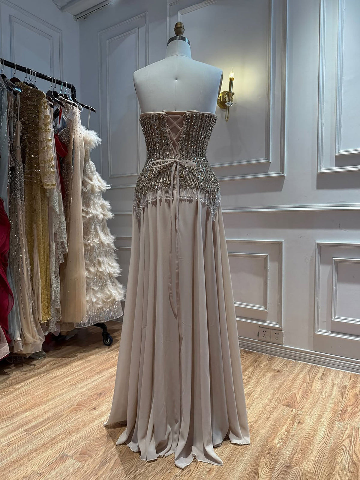 Luxury Nude Crystal Beaded Tassel Chiffon Evening Dress LA73871