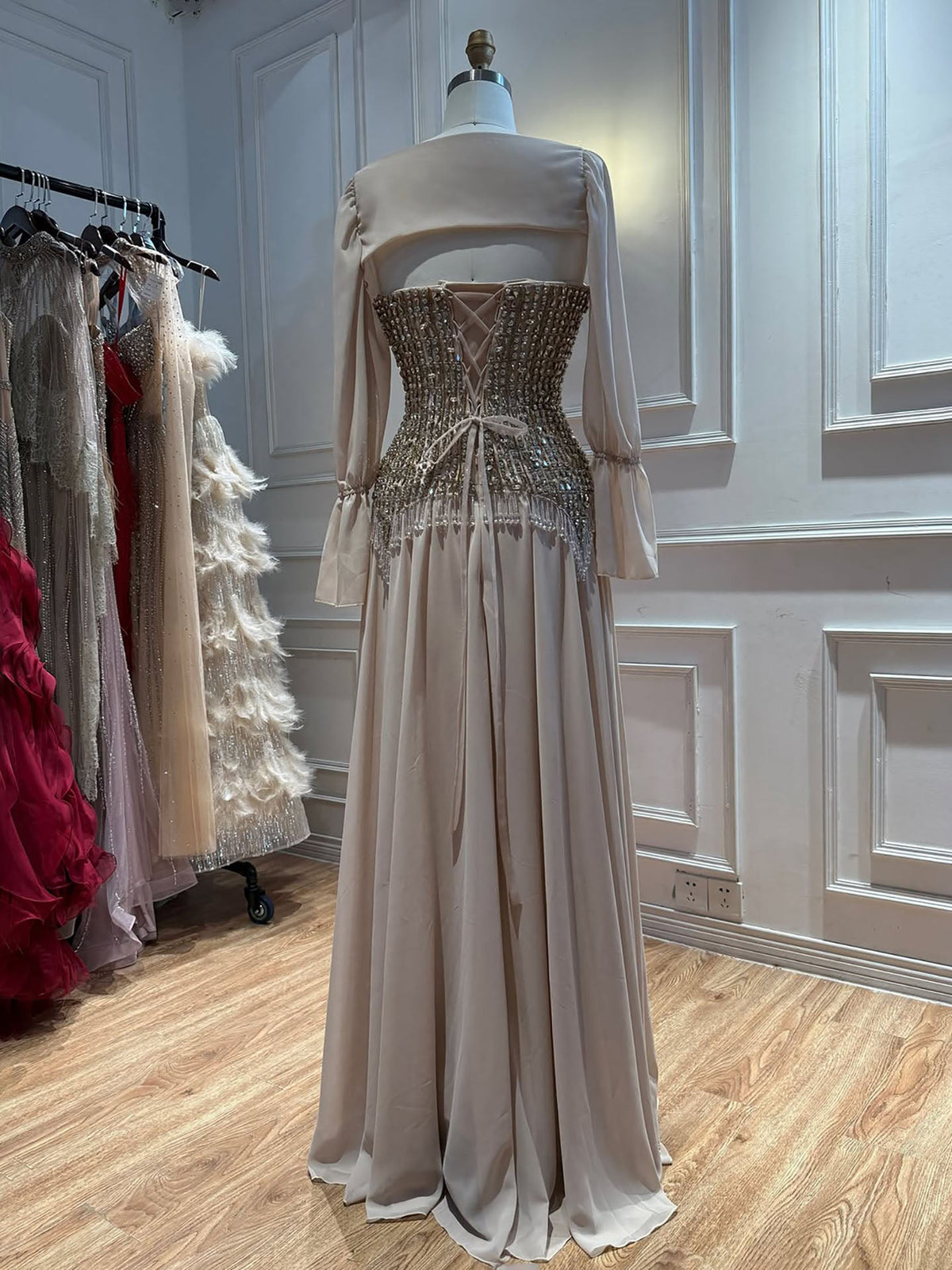 Luxury Nude Crystal Beaded Tassel Chiffon Evening Dress LA73871