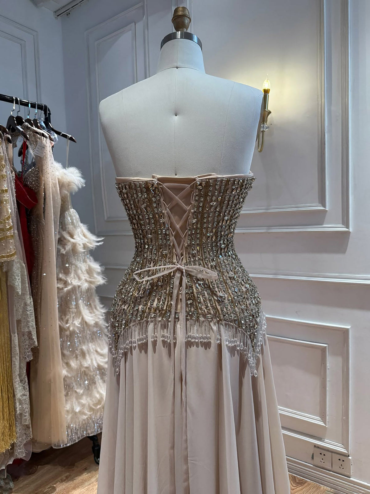 Luxury Nude Crystal Beaded Tassel Chiffon Evening Dress LA73871