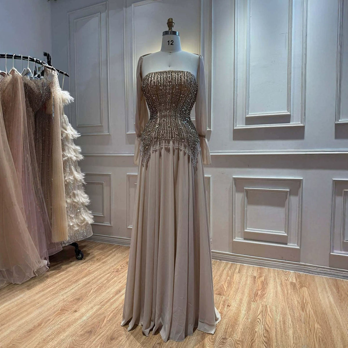 Luxury Nude Crystal Beaded Tassel Chiffon Evening Dress LA73871
