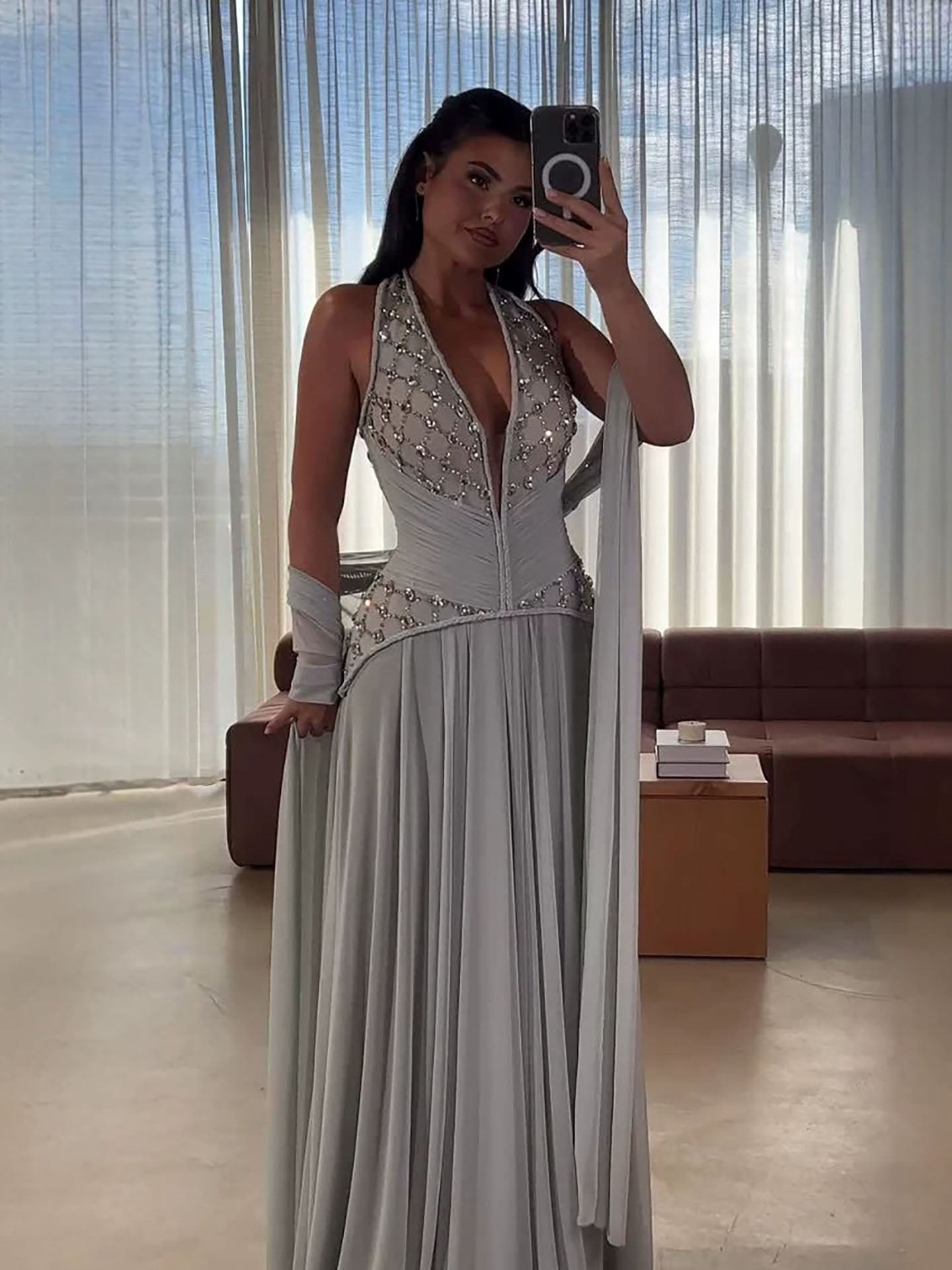 Luxury Sage Green Halter Crystal Beaded A-Line Evening Dress LA73872