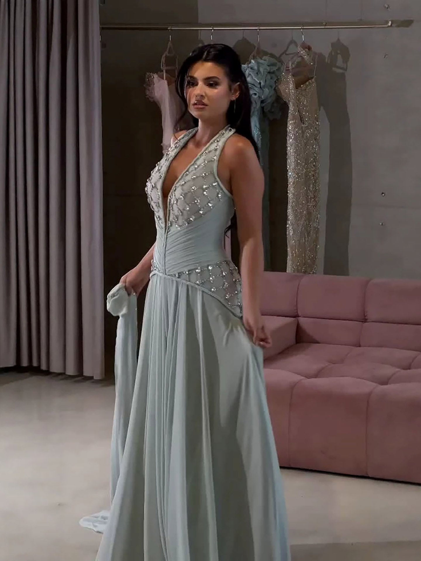 Luxury Sage Green Halter Crystal Beaded A-Line Evening Dress LA73872