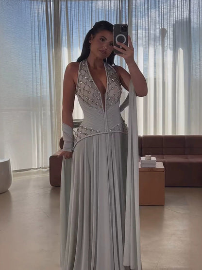 Luxury Sage Green Halter Crystal Beaded A-Line Evening Dress LA73872