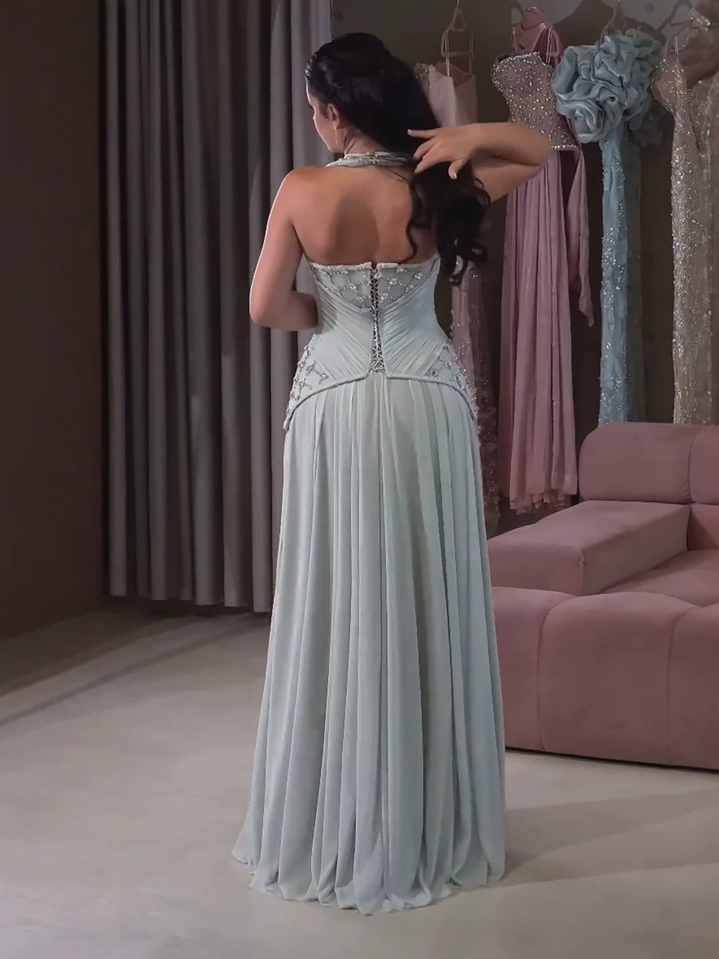 Luxury Sage Green Halter Crystal Beaded A-Line Evening Dress LA73872