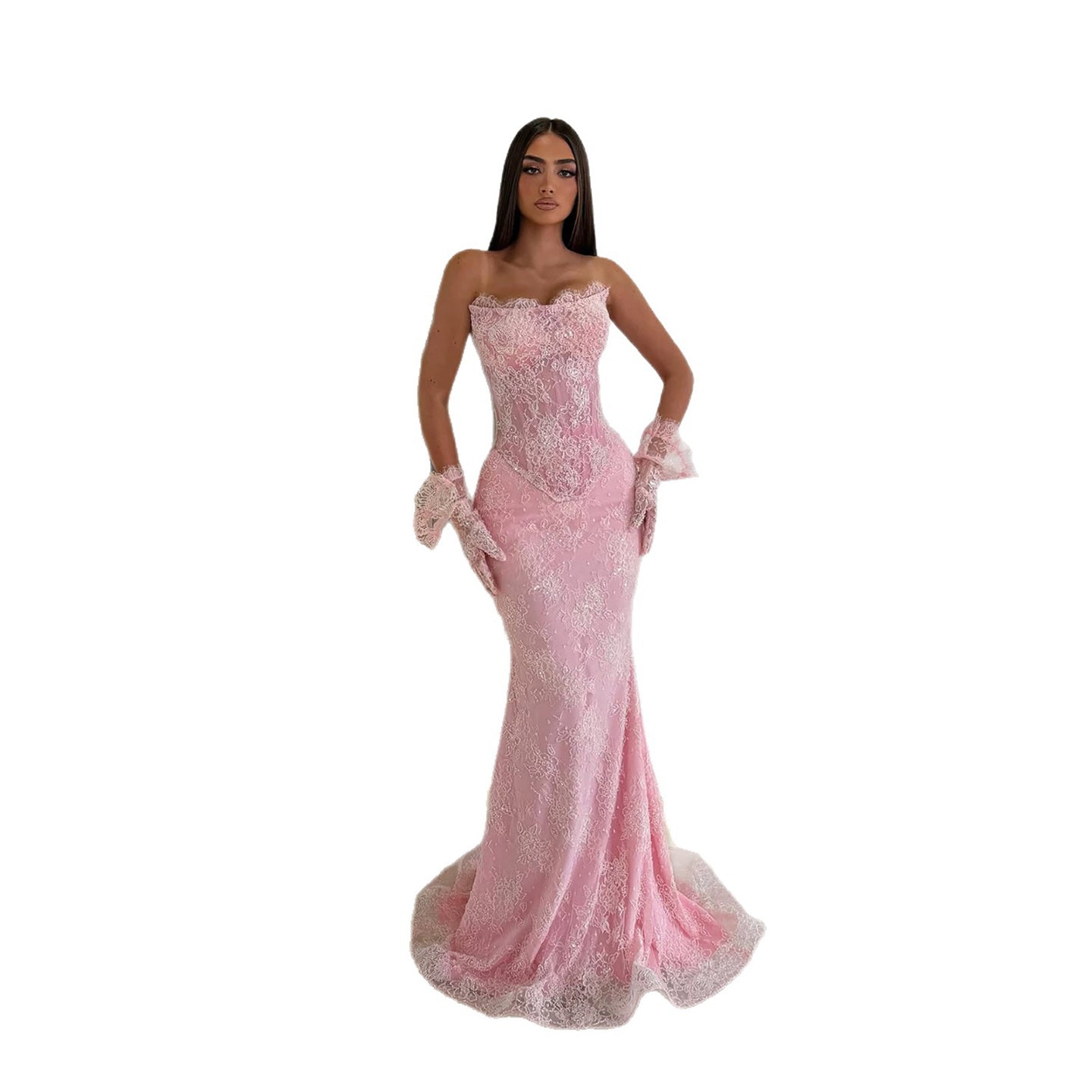 Luxury Pink Lace Beaded Strapless Mermaid Evening Dress LA73875