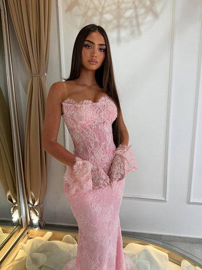 Luxury Pink Lace Beaded Strapless Mermaid Evening Dress LA73875