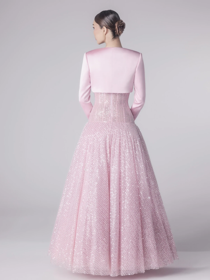 Luxury Pink Beaded Strapless A Line Evening Dress with Jacket LA73876
