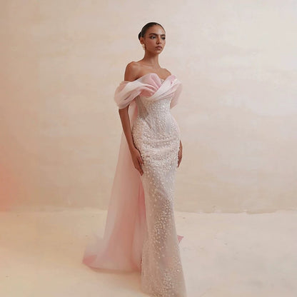 Luxury Pink Off the Shoulder Beaded Mermaid Evening Dress LA73877