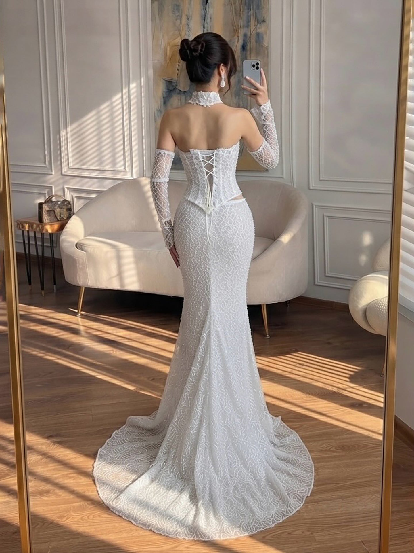 Luxury White Off the Shoulder Beaded Lace Mermaid Bridal Gown LA73878