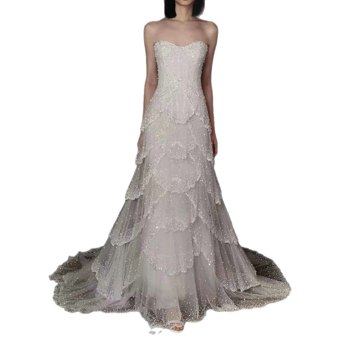 Luxury White Strapless Beaded Tiered Mermaid Wedding Dress LA73883