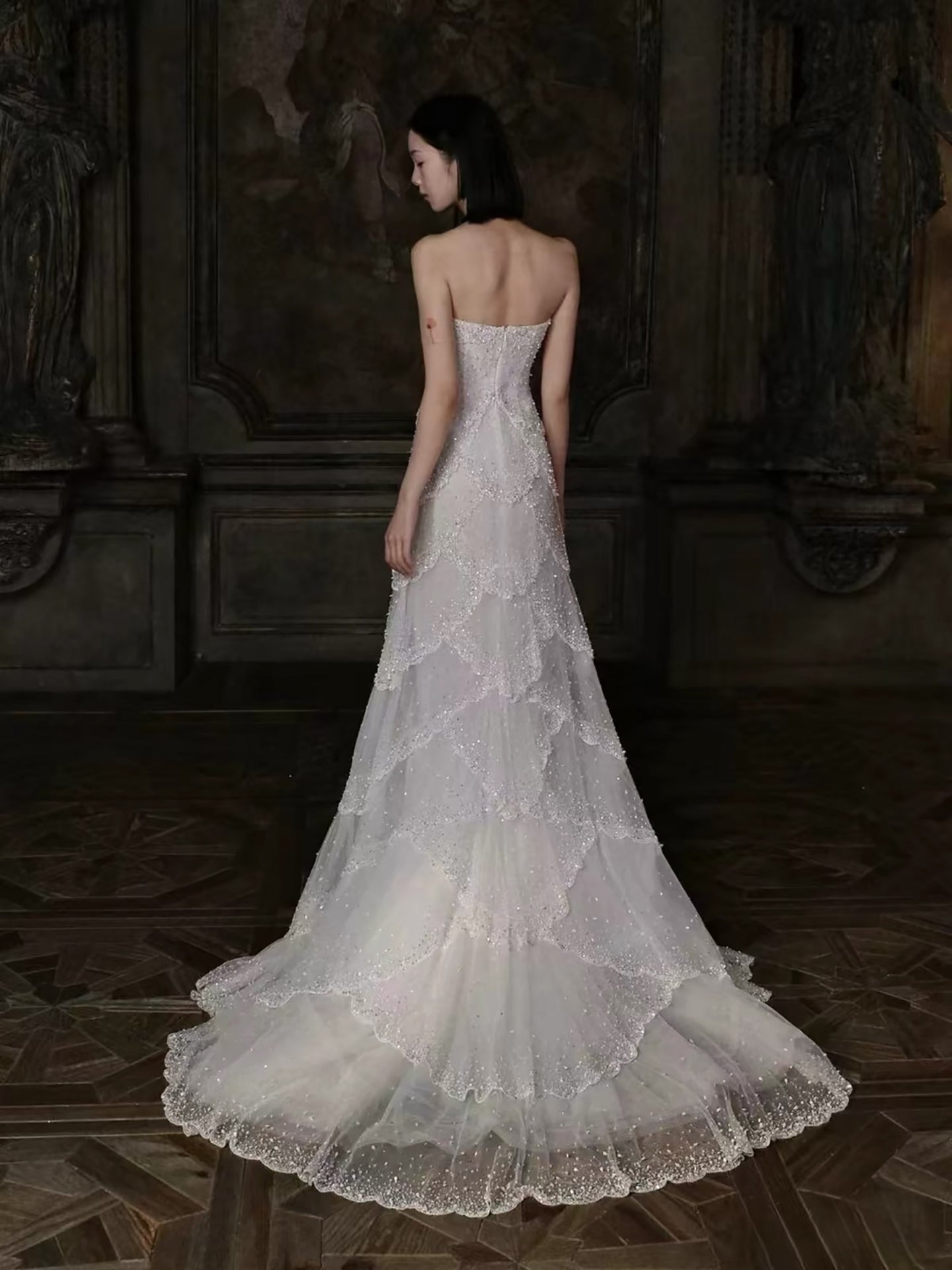 Luxury White Strapless Beaded Tiered Mermaid Wedding Dress LA73883