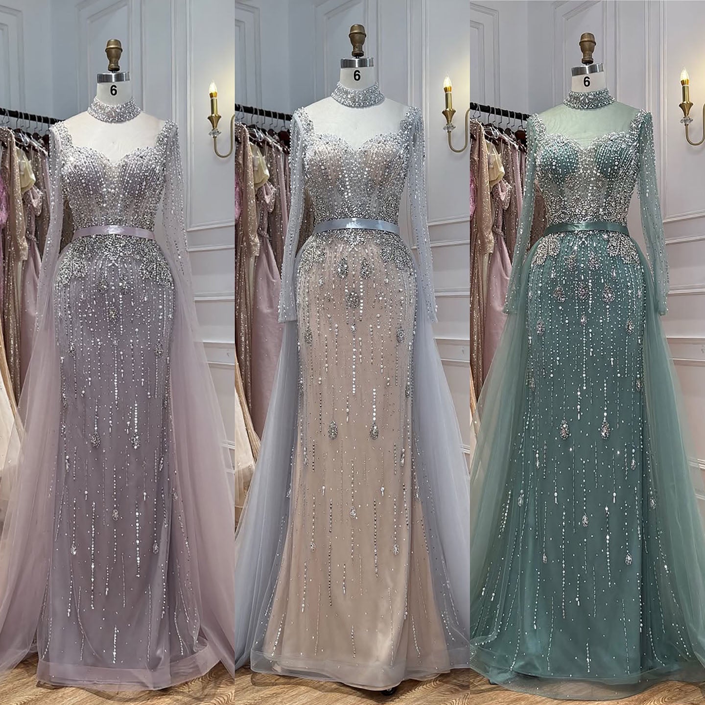 Luxury Gray Nude Pearls Beaded Mermaid Evening Dress Overskirt LA73884