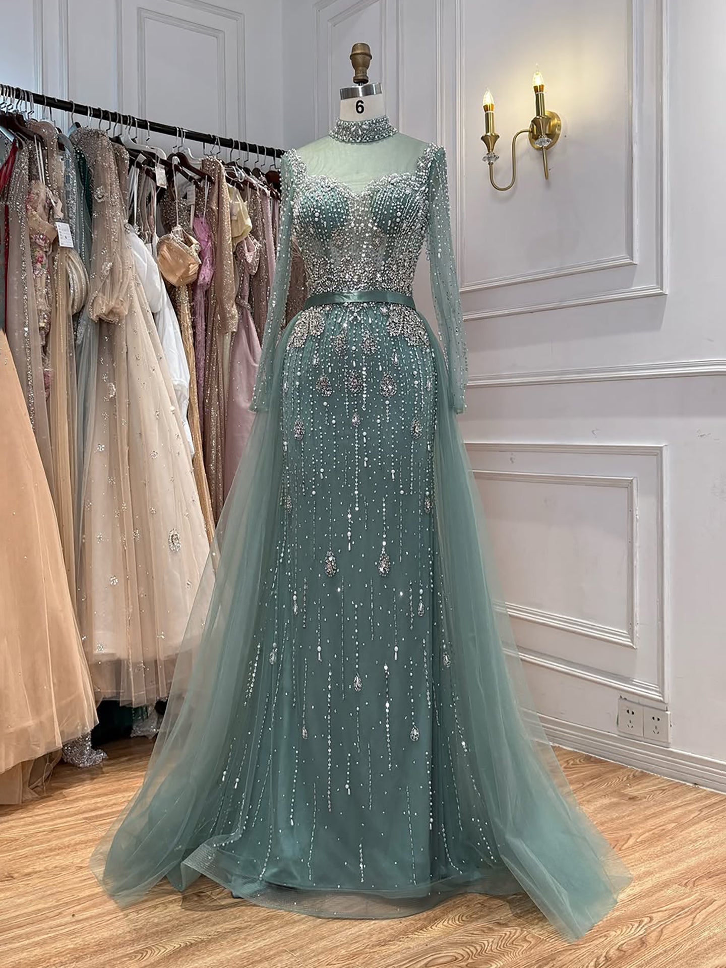 Luxury Gray Nude Pearls Beaded Mermaid Evening Dress Overskirt LA73884