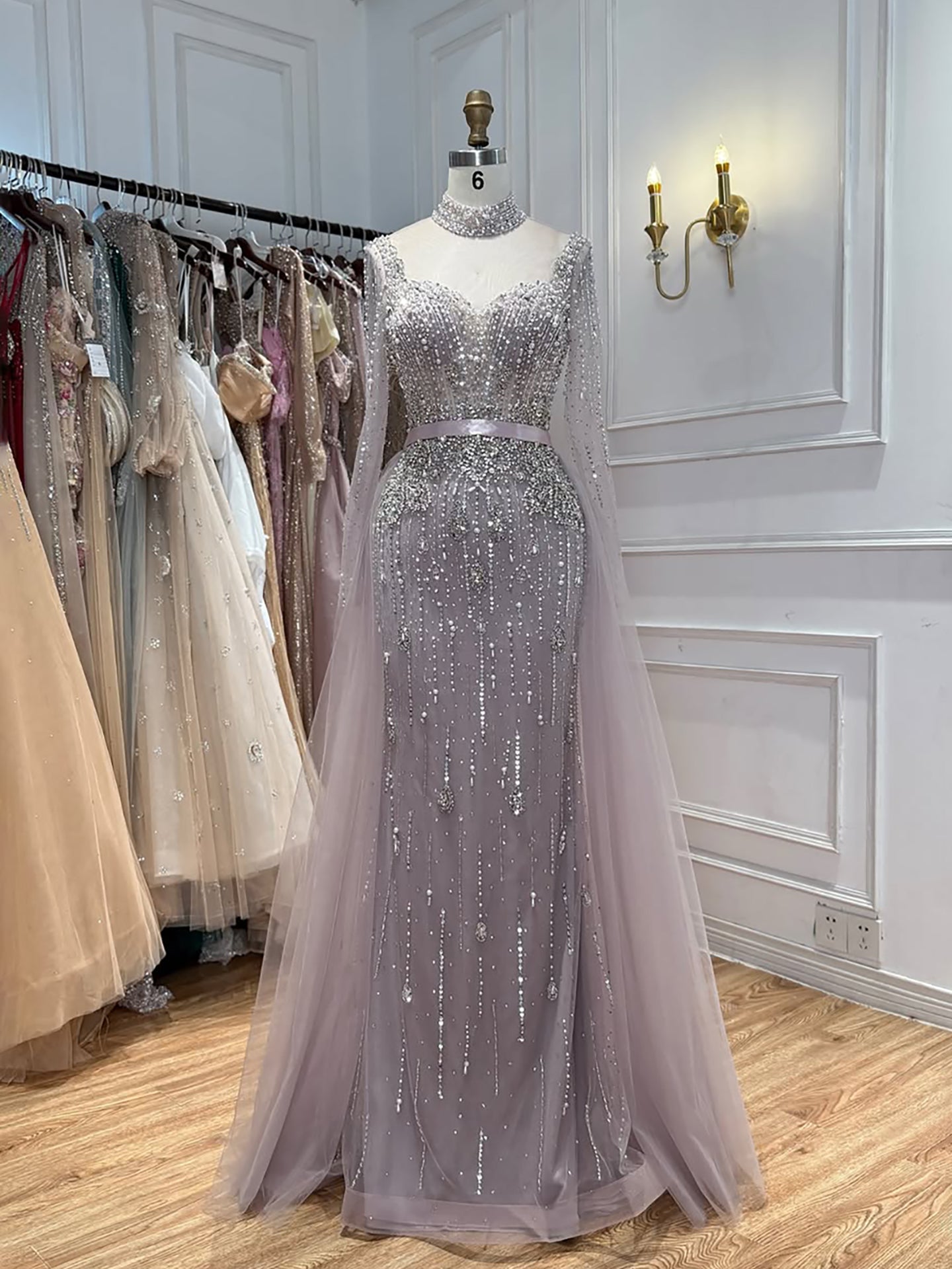 Luxury Gray Nude Pearls Beaded Mermaid Evening Dress Overskirt LA73884