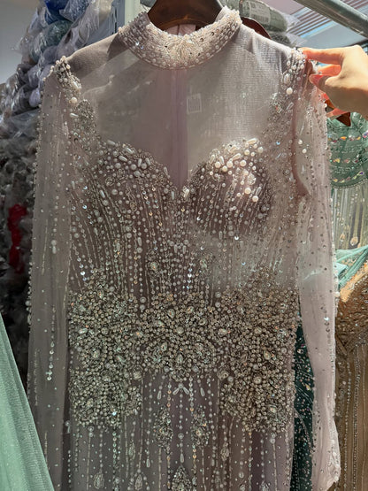 Luxury Gray Nude Pearls Beaded Mermaid Evening Dress Overskirt LA73884