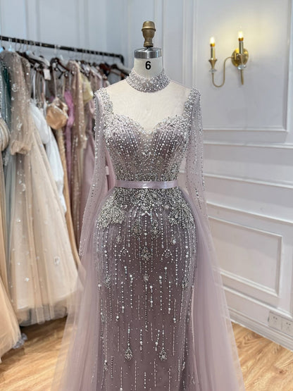 Luxury Gray Nude Pearls Beaded Mermaid Evening Dress Overskirt LA73884