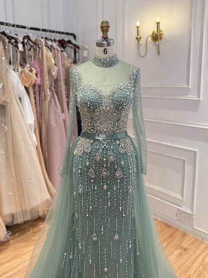 Luxury Gray Nude Pearls Beaded Mermaid Evening Dress Overskirt LA73884