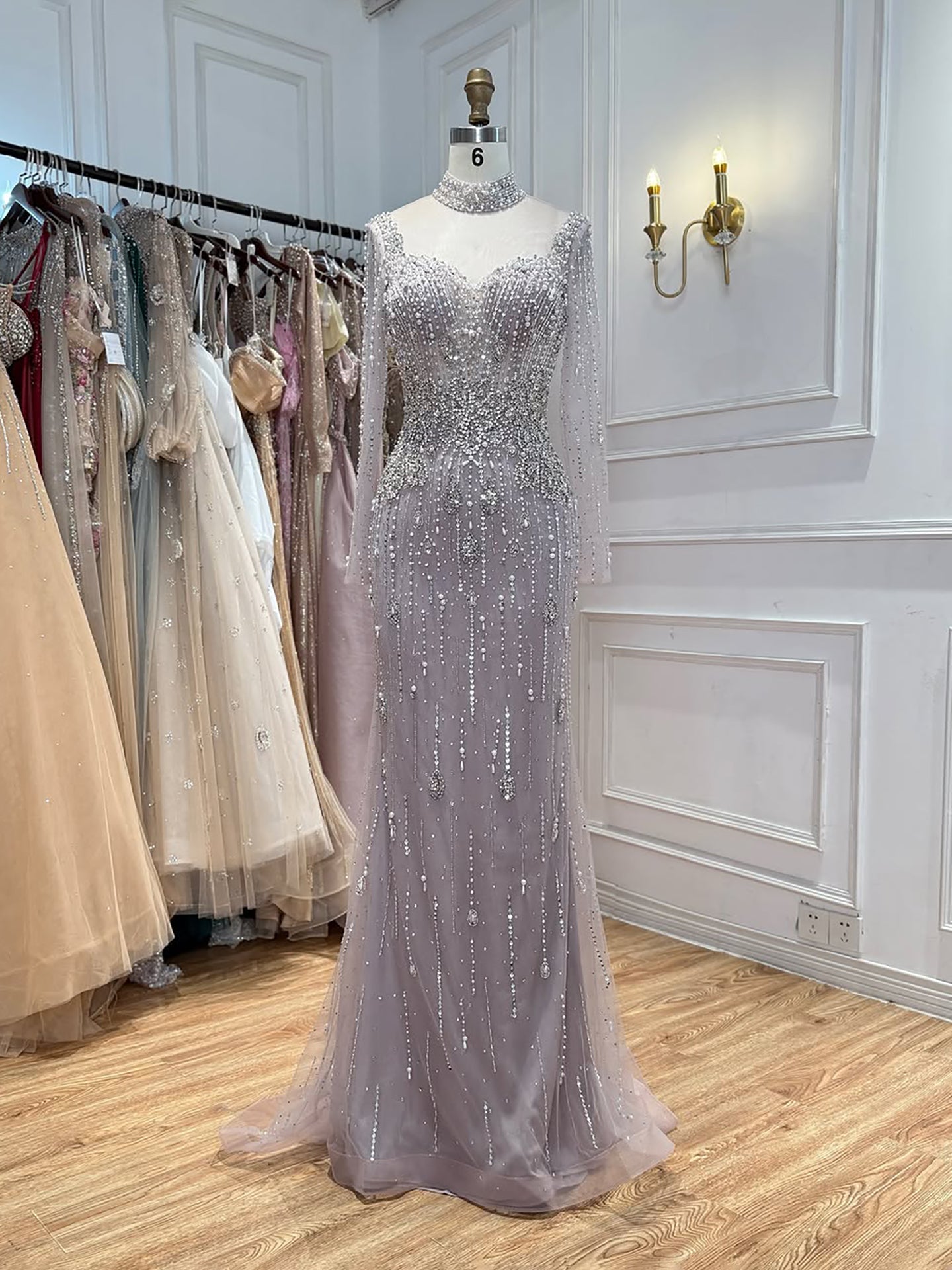 Luxury Gray Nude Pearls Beaded Mermaid Evening Dress Overskirt LA73884