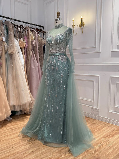 Luxury Gray Nude Pearls Beaded Mermaid Evening Dress Overskirt LA73884