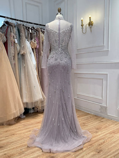 Luxury Gray Nude Pearls Beaded Mermaid Evening Dress Overskirt LA73884