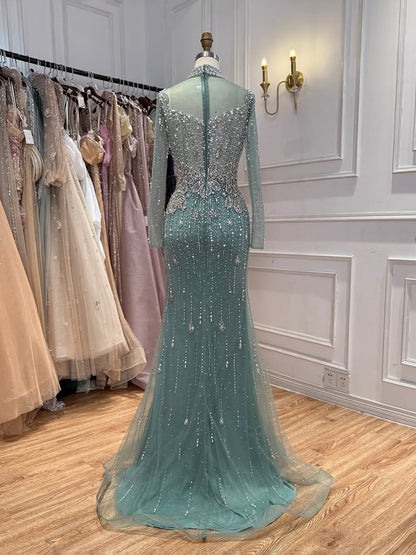Luxury Gray Nude Pearls Beaded Mermaid Evening Dress Overskirt LA73884