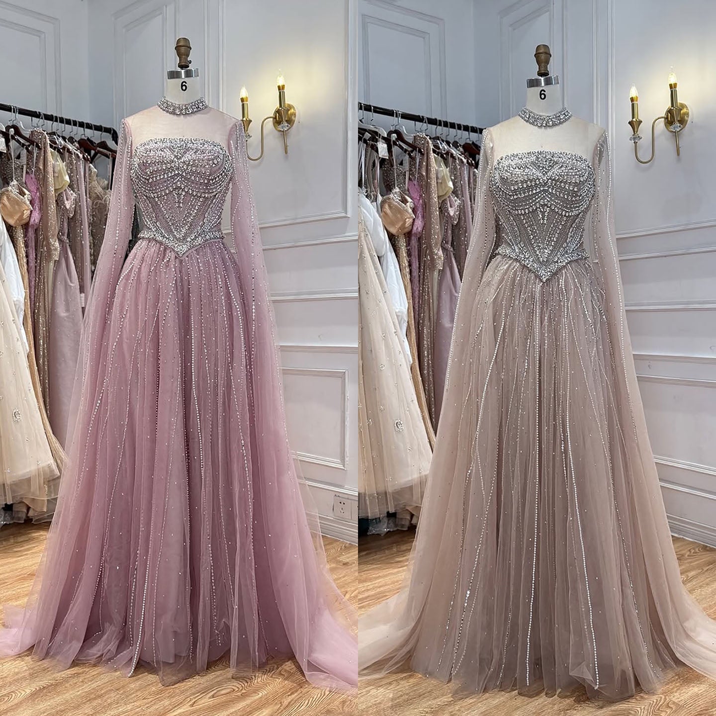 Luxury Pink High Neck Crystal Beaded A Line Evening Dress LA73885