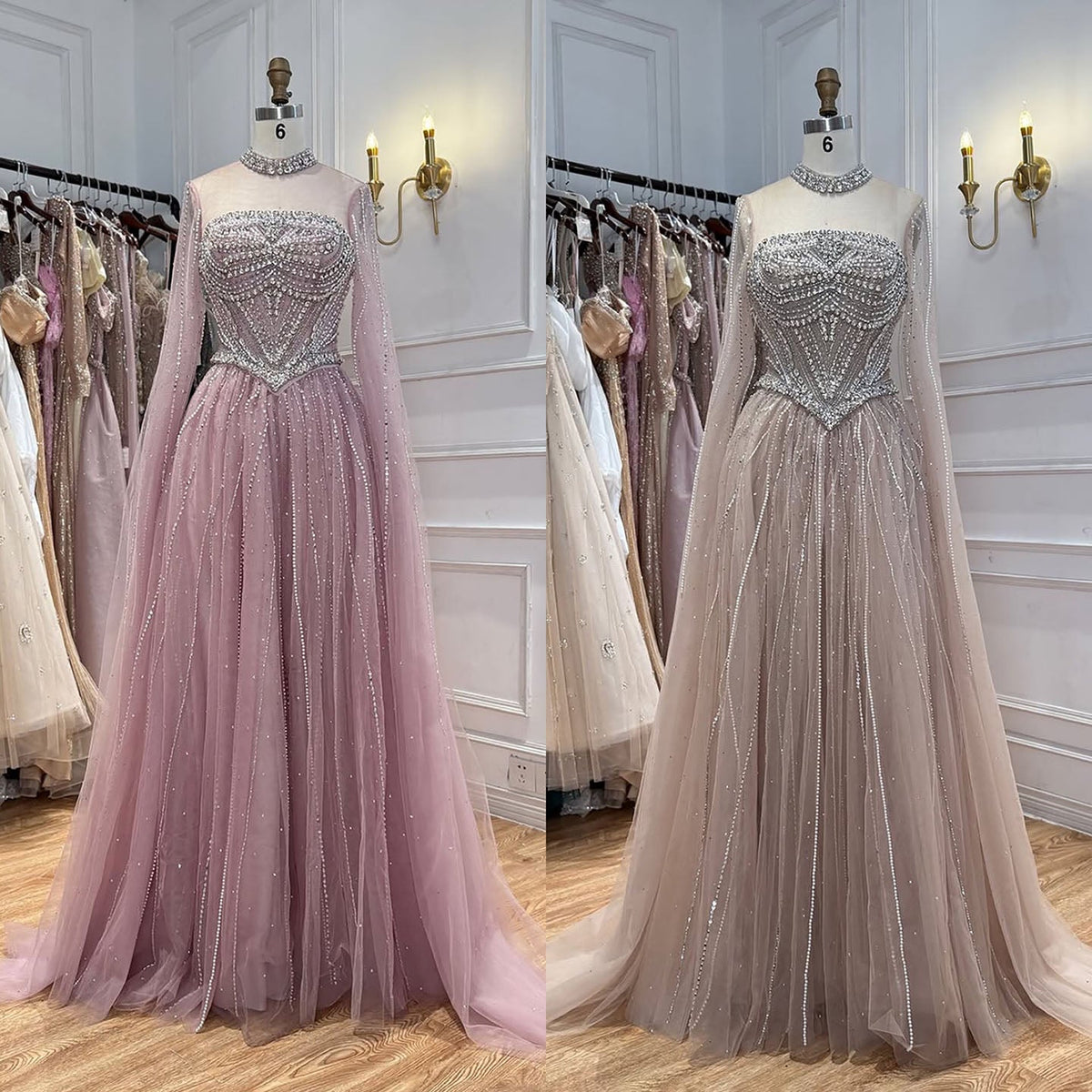 Luxury Pink High Neck Crystal Beaded A Line Evening Dress LA73885