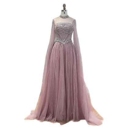 Luxury Pink High Neck Crystal Beaded A Line Evening Dress LA73885