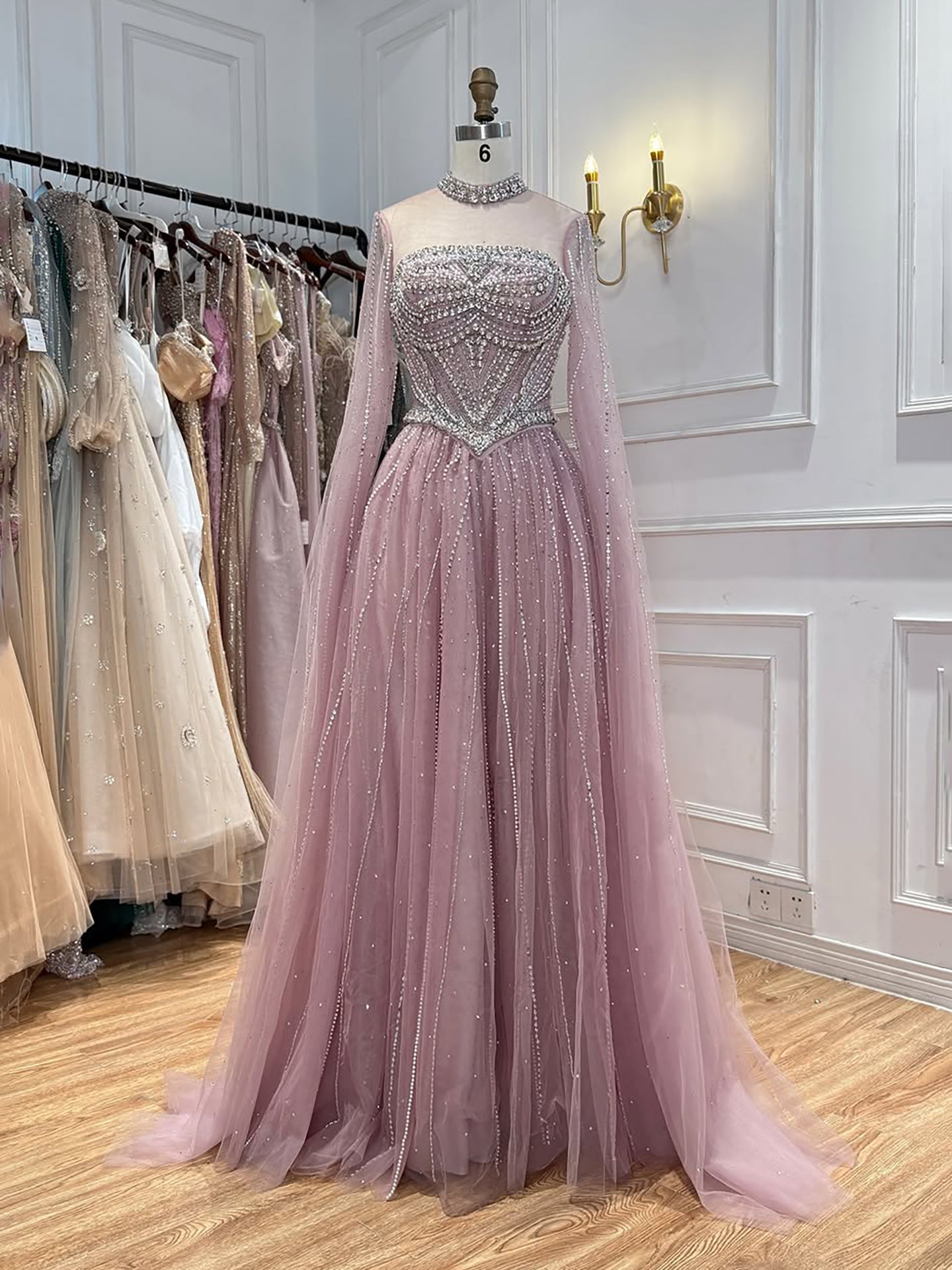 Luxury Pink High Neck Crystal Beaded A Line Evening Dress LA73885