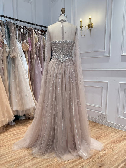 Luxury Pink High Neck Crystal Beaded A Line Evening Dress LA73885