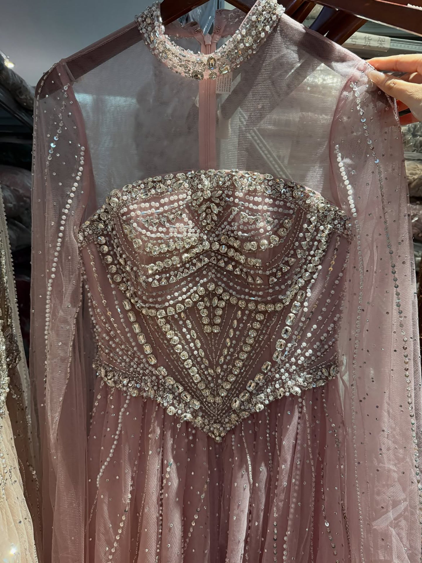 Luxury Pink High Neck Crystal Beaded A Line Evening Dress LA73885